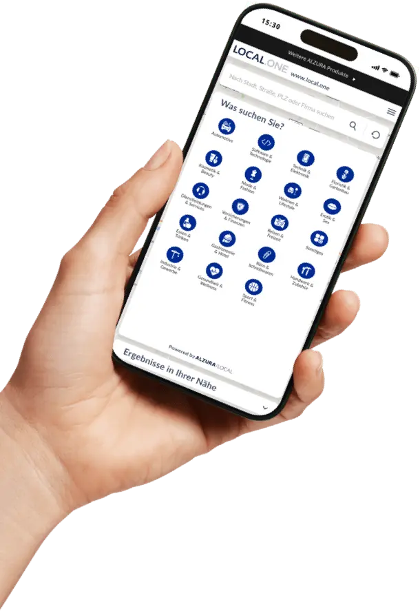 Een hand houdt een smartphone vast met een zoekbalk en pictogrammen voor verschillende industrieën op het scherm om snel bedrijven te vinden en te selecteren.